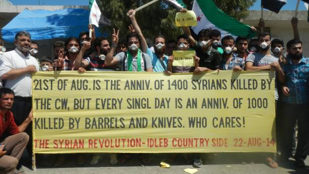 One of the weekly Kafranbel protests marking the first chemical attack anniversary. Credit to: Occupied Kafranbel
